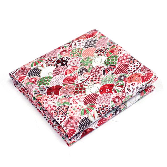 Tissu cotonnade motifs japonais traditionnels rouges et roses & lapins dorés- COLLECTION JAPON DORÉ