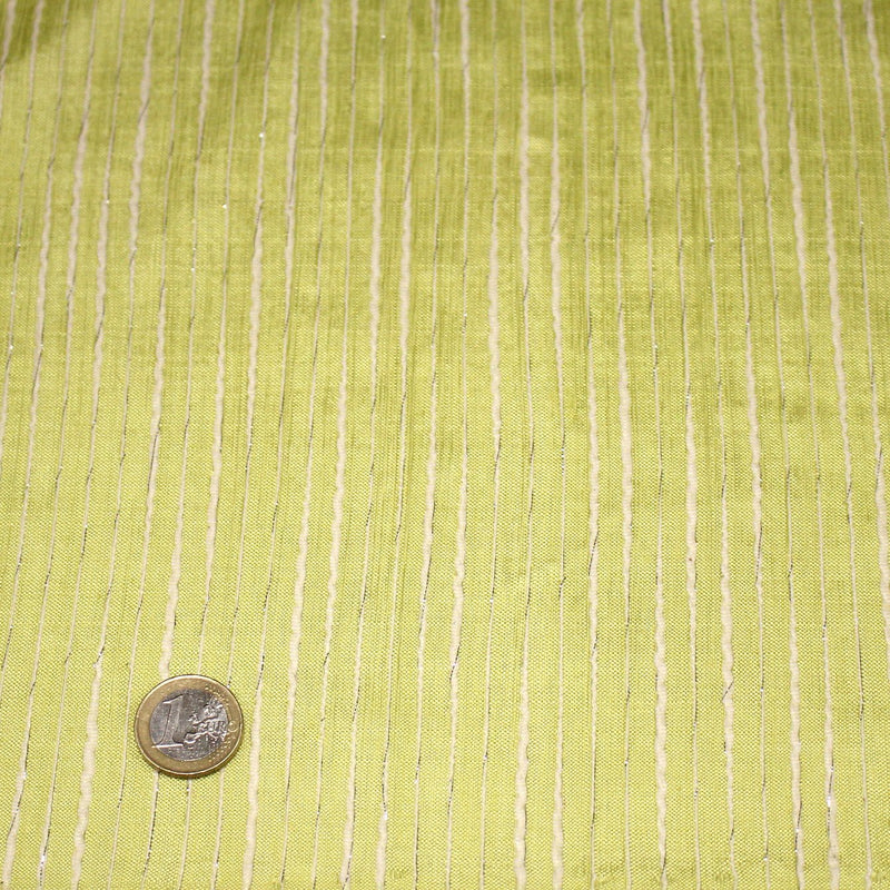 Tissu coton soie tissé rayé, trois couleurs : vert, jaune, gris - MADE IN FRANCE - TissusPapi.com