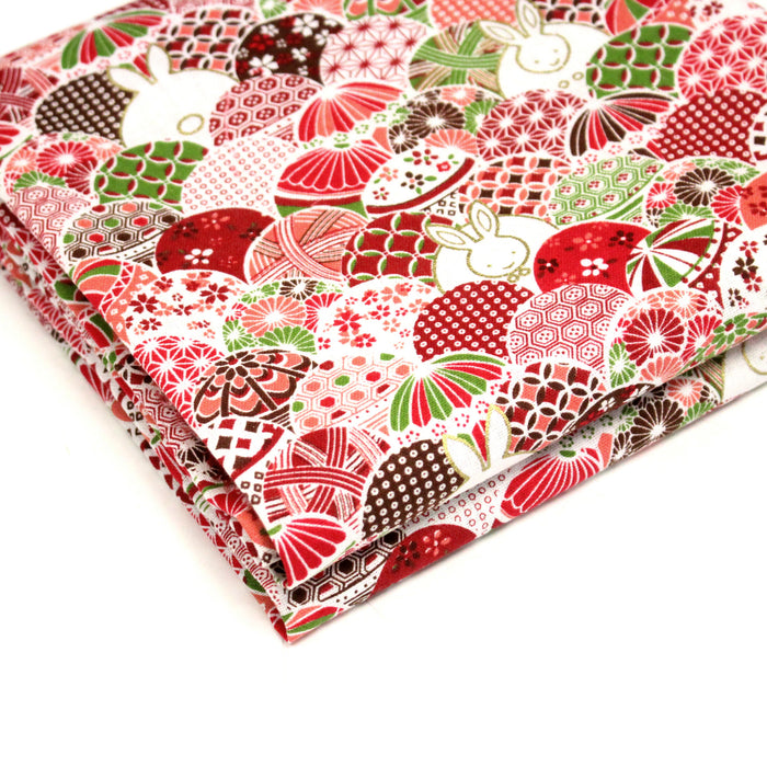 Tissu cotonnade motifs japonais traditionnels rouges et roses & lapins dorés- COLLECTION JAPON DORÉ