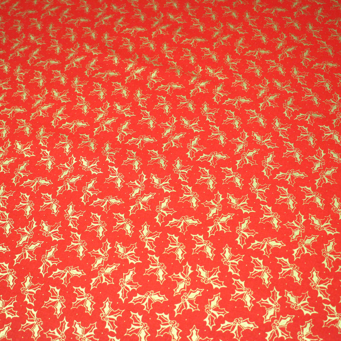 Tissu coton NOËL rouge aux brins de houx dorés - OEKO-TEX