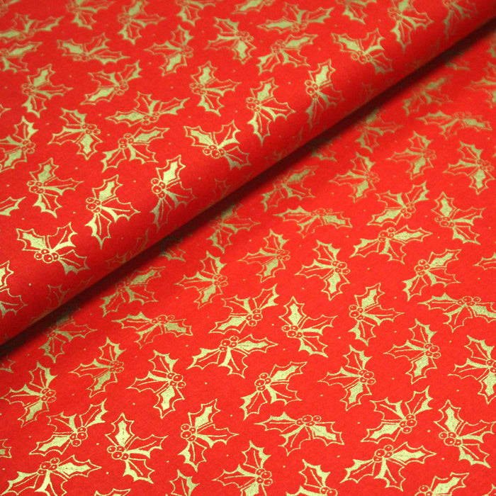 Tissu coton NOËL rouge aux brins de houx dorés - OEKO-TEX