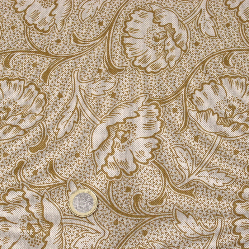 Tissu ART NOUVEAU demi natté motif floral, fond lin : bordeaux, vert anglais, ocre - TissusPapi.com