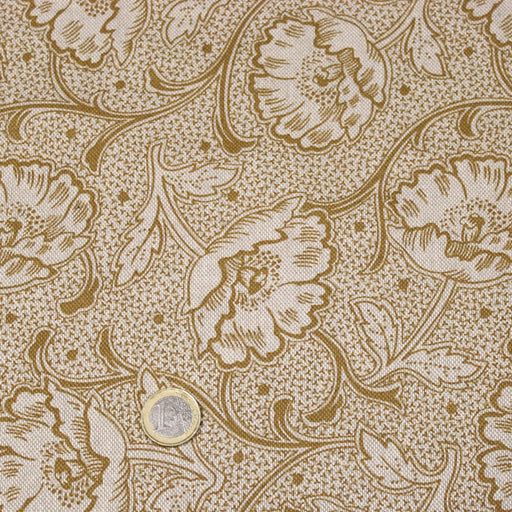 Tissu ART NOUVEAU demi natté motif floral, fond lin : bordeaux, vert anglais, ocre - TissusPapi.com