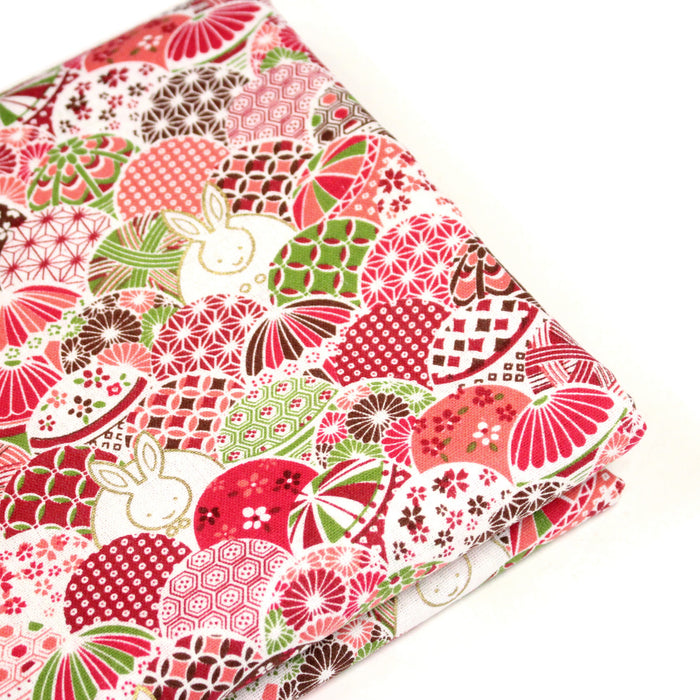 Tissu cotonnade motifs japonais traditionnels rouges et roses & lapins dorés- COLLECTION JAPON DORÉ
