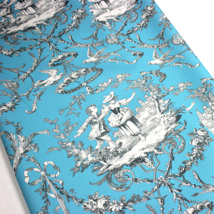 Tissu coton épais TOILE DE JOUY LES AMOURS, bleu, grande largeur 280cm