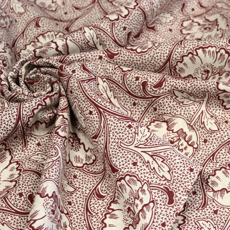 Tissu ART NOUVEAU demi natté motif floral, fond lin : bordeaux, vert anglais, ocre - TissusPapi.com