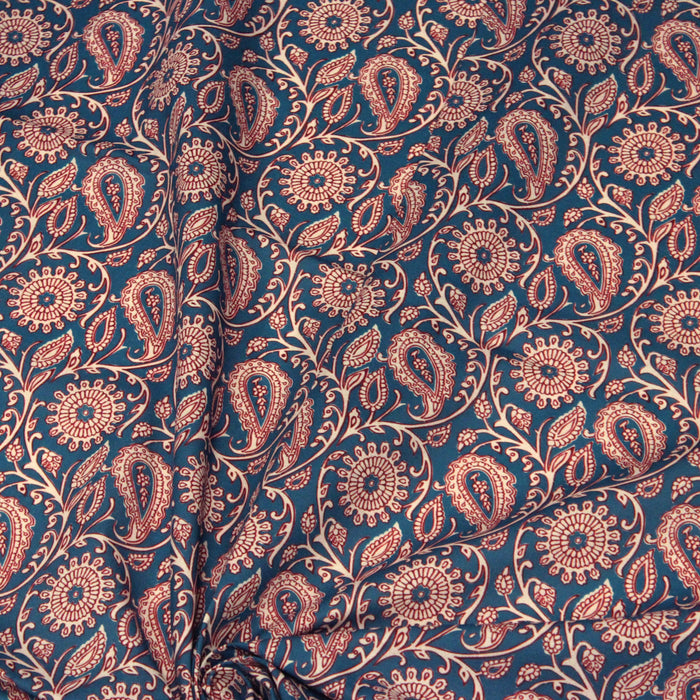 Tissu cotonnade motif cachemire bleu, rouge et écru - COLLECTION KALAMKARI