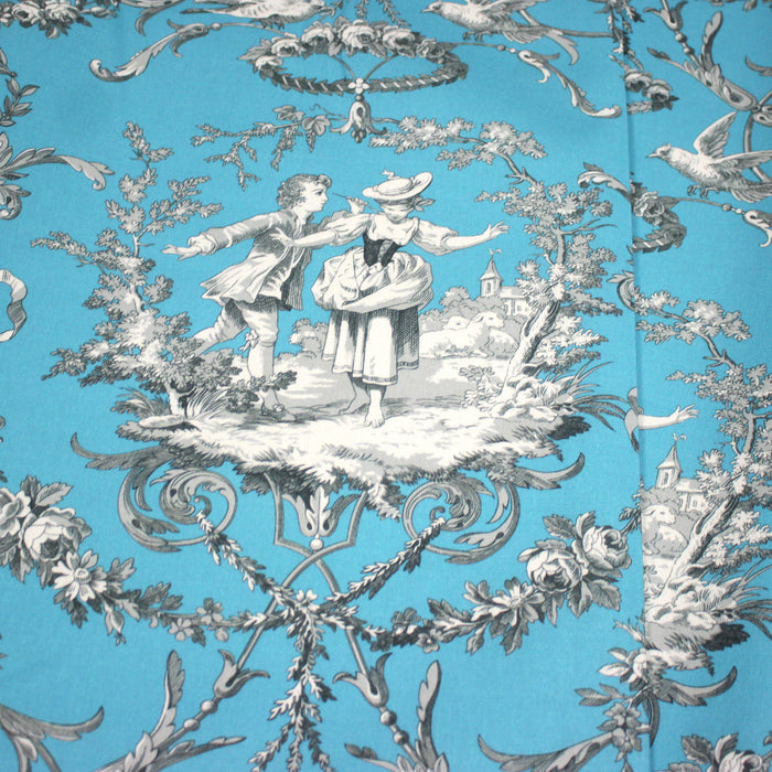 Tissu coton épais TOILE DE JOUY LES AMOURS, bleu, grande largeur 280cm