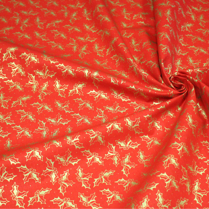 Tissu coton NOËL rouge aux brins de houx dorés - OEKO-TEX