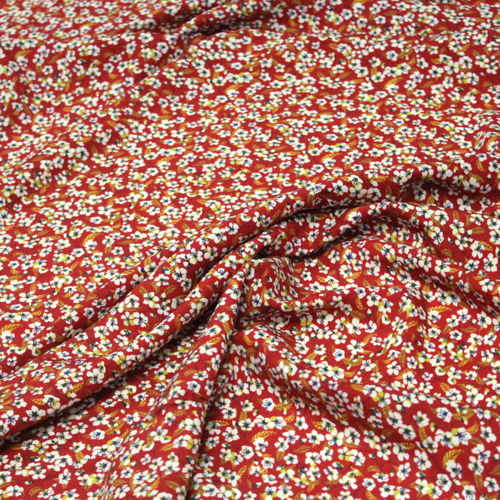 Tissu viscose fluide rouge aux fines fleurs de cerisier japonais blanches - COLLECTION SAKURA - OEKO-TEX