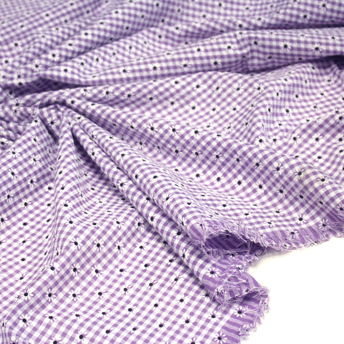 Tissu coton Seersucker VICHY carreaux & fines fleurs blanches : bleu, jaune, rose, violet