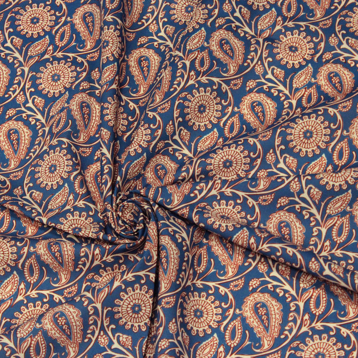 Tissu cotonnade motif cachemire bleu, rouge et écru - COLLECTION KALAMKARI