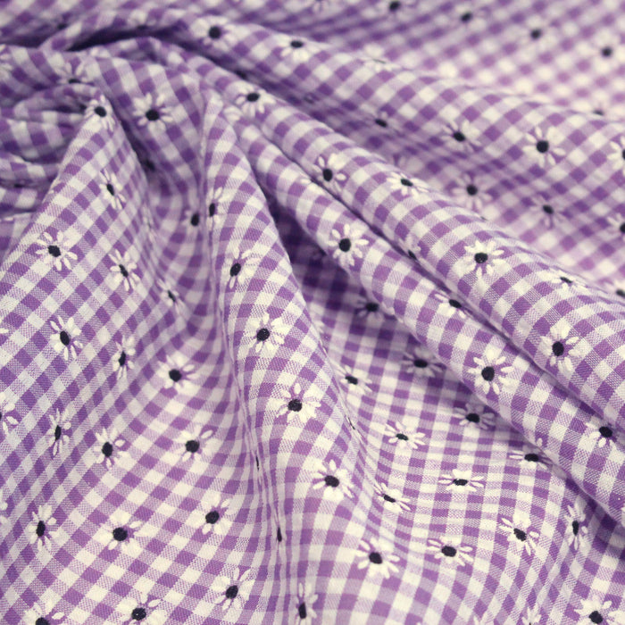 Tissu coton Seersucker VICHY carreaux & fines fleurs blanches : bleu, jaune, rose, violet