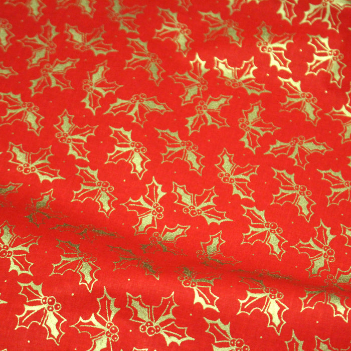 Tissu coton NOËL rouge aux brins de houx dorés - OEKO-TEX