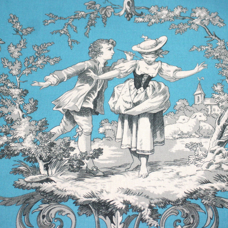 Tissu coton épais TOILE DE JOUY LES AMOURS, bleu, grande largeur 280cm - TissusPapi.com