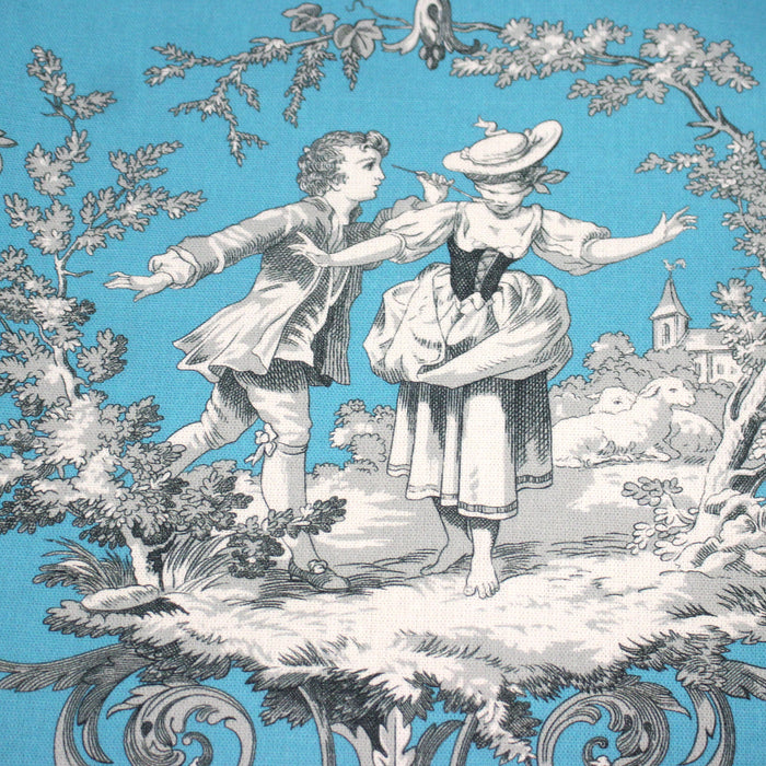 Tissu coton épais TOILE DE JOUY LES AMOURS, bleu, grande largeur 280cm