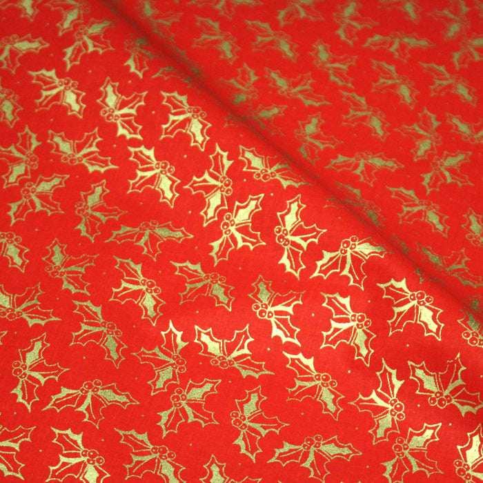 Tissu coton NOËL rouge aux brins de houx dorés - OEKO-TEX