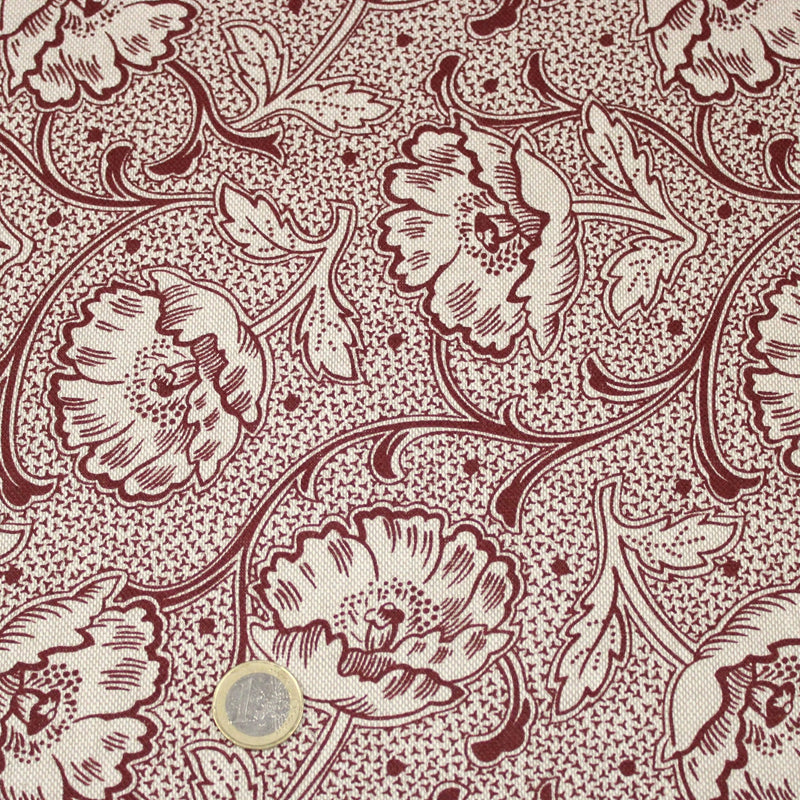 Tissu ART NOUVEAU demi natté motif floral, fond lin : bordeaux, vert anglais, ocre - TissusPapi.com