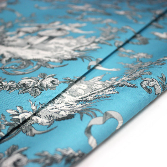 Tissu coton épais TOILE DE JOUY LES AMOURS, bleu, grande largeur 280cm