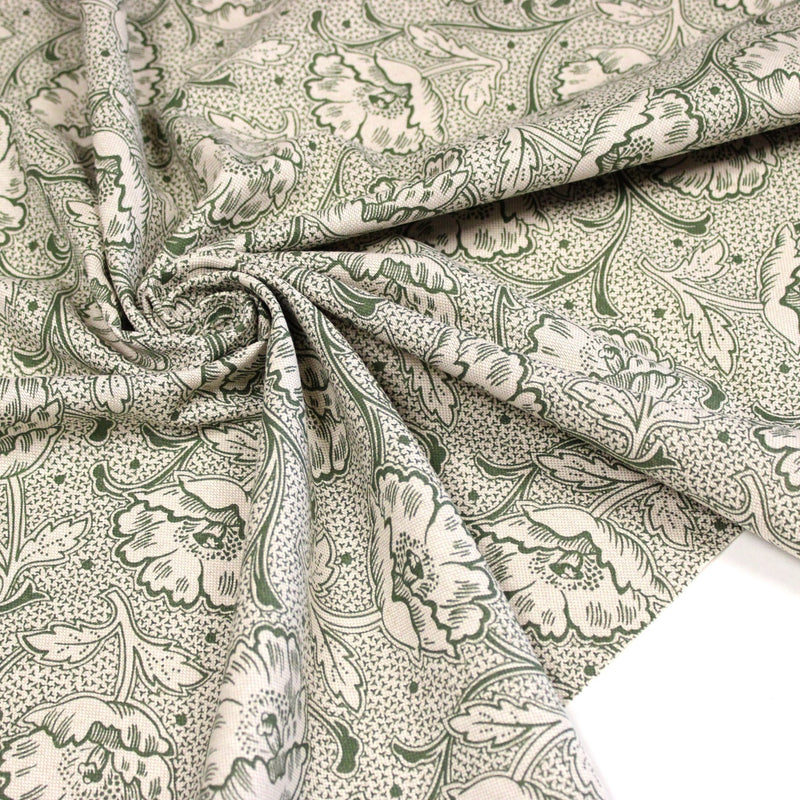 Tissu ART NOUVEAU demi natté motif floral, fond lin : bordeaux, vert anglais, ocre - TissusPapi.com