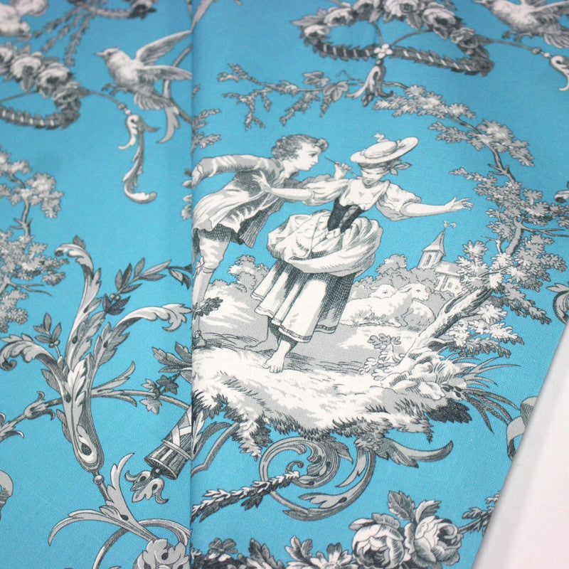 Tissu coton épais TOILE DE JOUY LES AMOURS, bleu, grande largeur 280cm - TissusPapi.com