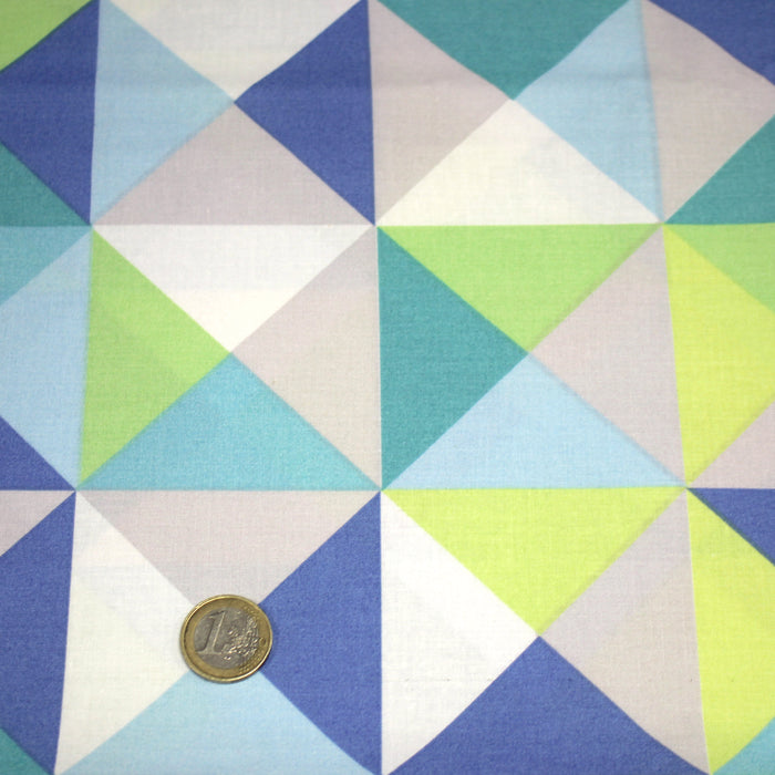 Tissu cotonnade aux triangles scandinaves verts et bleus