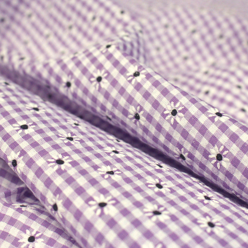Tissu coton Seersucker VICHY carreaux & fines fleurs blanches : bleu, jaune, rose, violet - TissusPapi.com
