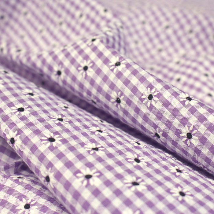 Tissu coton Seersucker VICHY carreaux & fines fleurs blanches : bleu, jaune, rose, violet