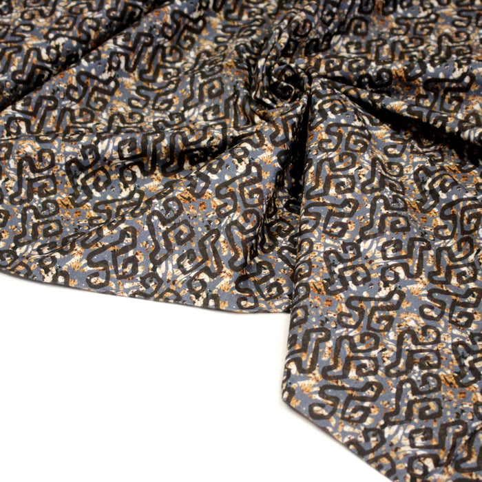 Tissu coton motifs aborigènes australiens et tribaux, tons bleus, ocres et gris - OEKO-TEX