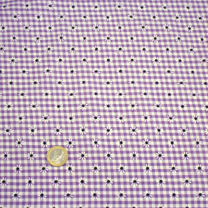 Tissu coton Seersucker VICHY carreaux & fines fleurs blanches : bleu, jaune, rose, violet