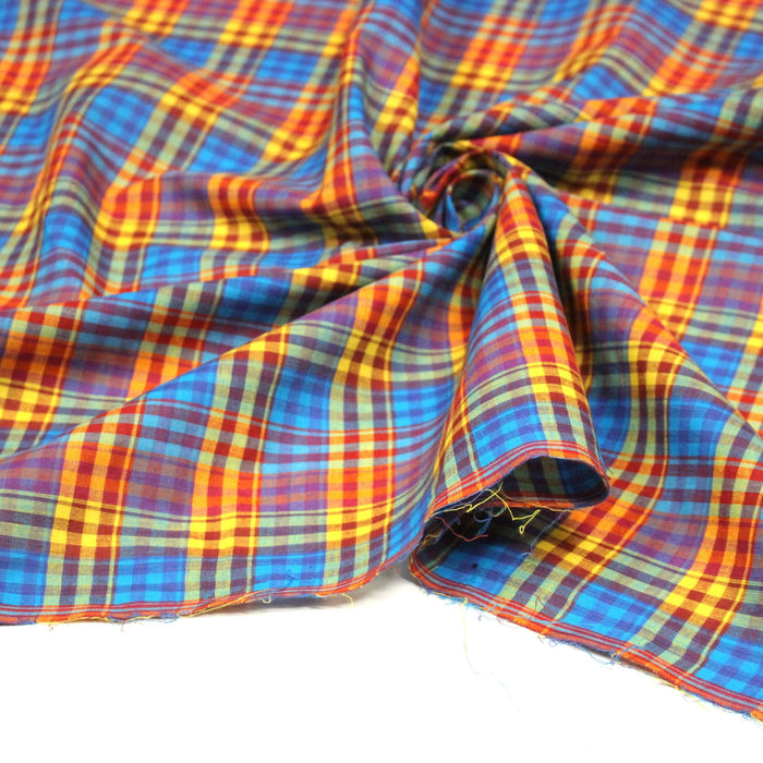 Tissu authentique MADRAS indien bleu jaune rouge, 100% coton - TissusPapi.com