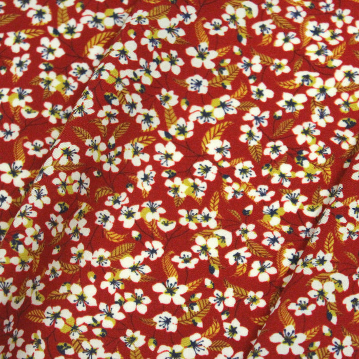 Tissu Microfibre de viscose rouge aux fines fleurs de cerisier japonais blanches - COLLECTION SAKURA - OEKO-TEX