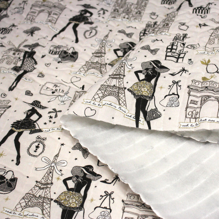 Tissu matelassé coton MOI PARIS, illustrations Paris et la Parisienne noir & blanc