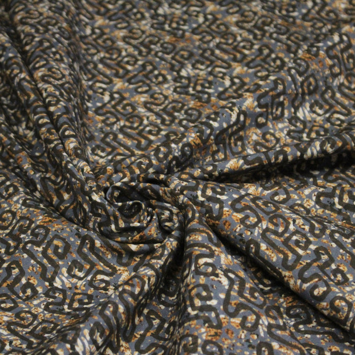 Tissu coton motifs aborigènes australiens et tribaux, tons bleus, ocres et gris - OEKO-TEX