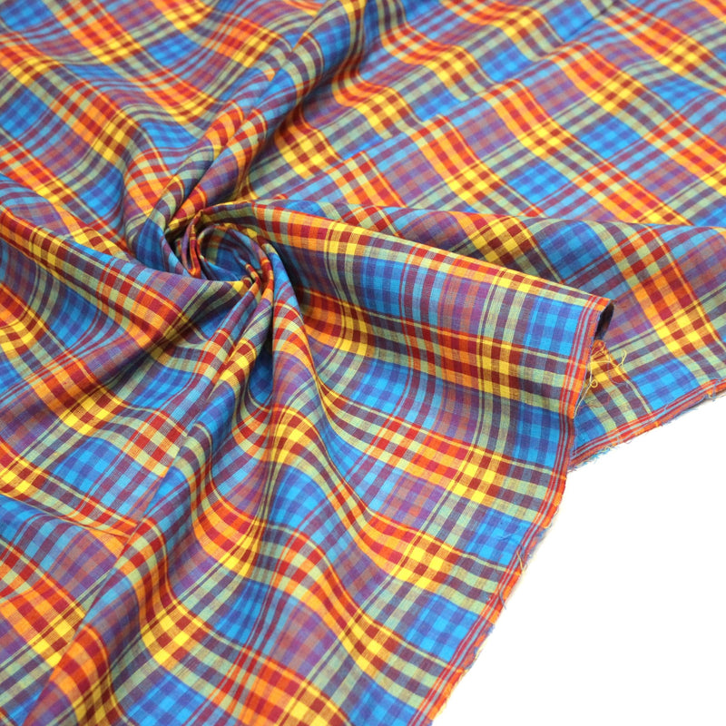 Tissu authentique MADRAS indien bleu jaune rouge, 100% coton - TissusPapi.com