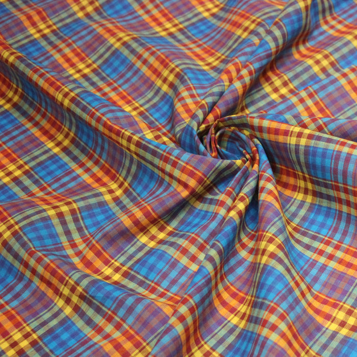 Tissu authentique MADRAS indien bleu jaune rouge, 100% coton - TissusPapi.com