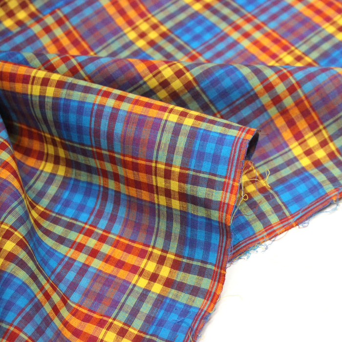 Tissu authentique MADRAS indien bleu jaune rouge, 100% coton - TissusPapi.com