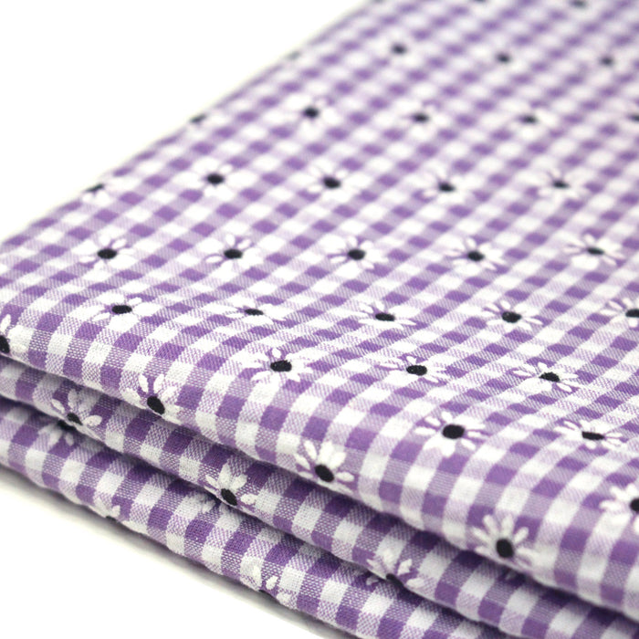 Tissu coton Seersucker VICHY carreaux & fines fleurs blanches : bleu, jaune, rose, violet