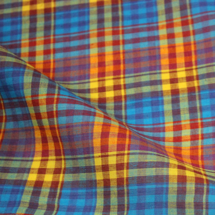 Tissu authentique MADRAS indien bleu jaune rouge, 100% coton - TissusPapi.com