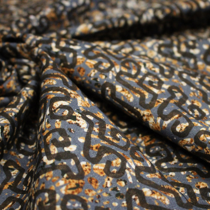 Tissu coton motifs aborigènes australiens et tribaux, tons bleus, ocres et gris - OEKO-TEX