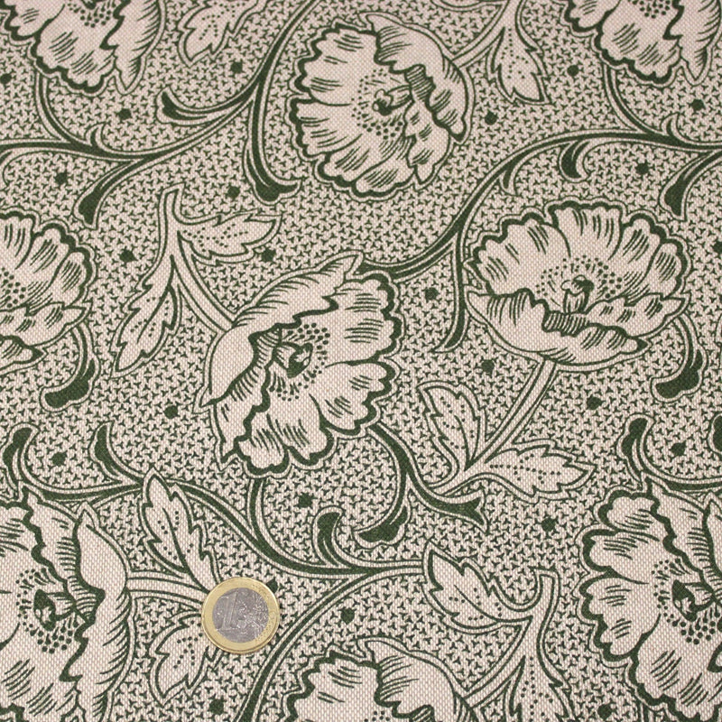 Tissu ART NOUVEAU demi natté motif floral, fond lin : bordeaux, vert anglais, ocre - TissusPapi.com