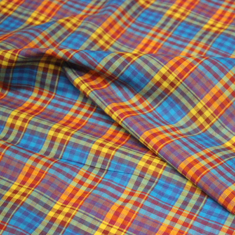 Tissu authentique MADRAS indien bleu jaune rouge, 100% coton - TissusPapi.com