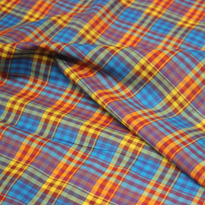 Tissu authentique MADRAS indien bleu jaune rouge, 100% coton - TissusPapi.com