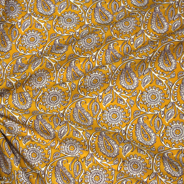 Tissu cotonnade motif cachemire jaune, violet et écru - COLLECTION KALAMKARI