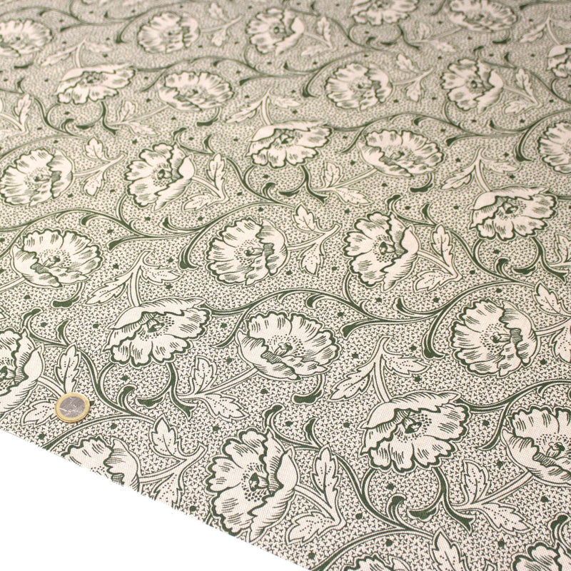 Tissu ART NOUVEAU demi natté motif floral, fond lin : bordeaux, vert anglais, ocre - TissusPapi.com