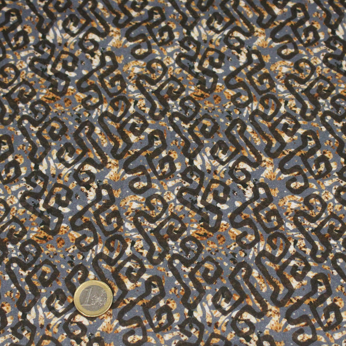 Tissu coton motifs aborigènes australiens et tribaux, tons bleus, ocres et gris - OEKO-TEX