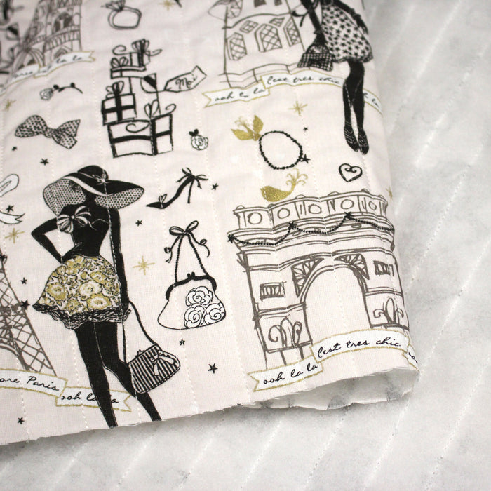 Tissu matelassé coton MOI PARIS, illustrations Paris et la Parisienne noir & blanc