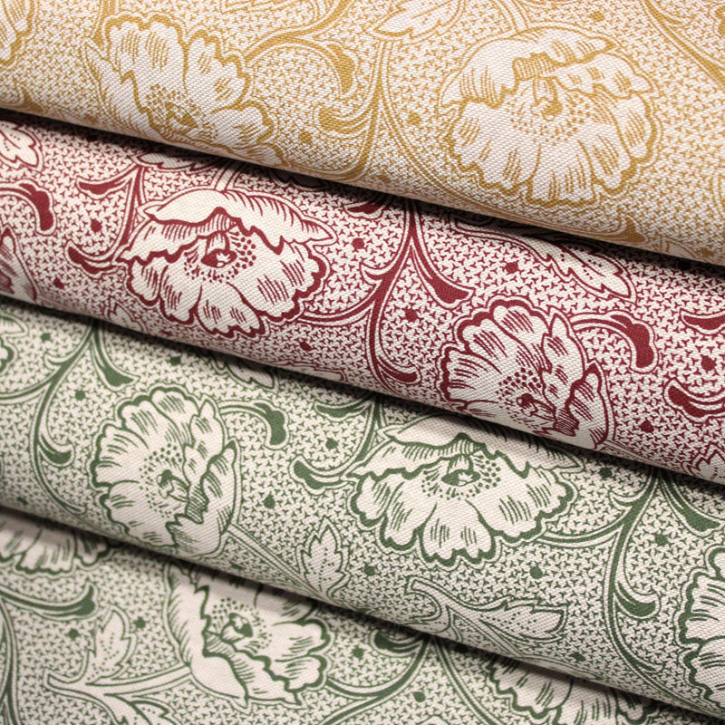 Tissu ART NOUVEAU demi natté motif floral, fond lin : bordeaux, vert anglais, ocre - TissusPapi.com