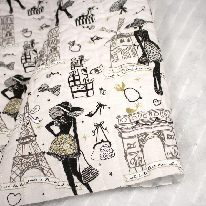 Tissu matelassé coton MOI PARIS, illustrations Paris et la Parisienne noir & blanc