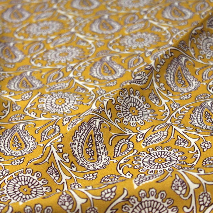 Tissu cotonnade motif cachemire jaune, violet et écru - COLLECTION KALAMKARI